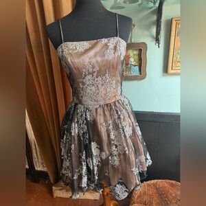 Deb Brown and Black Lace Overlay Party Dress